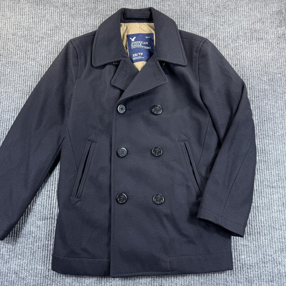 American Eagle Outfitters Coat Mens XS Blue Wool Blend Pea Coat Lined Insulated